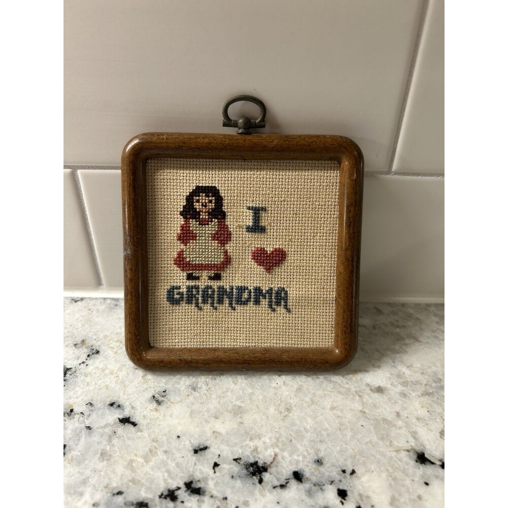 Vintage Needlepoint Tapestry I Love Grandma Cottage Core 4”x4” Ornament Brown